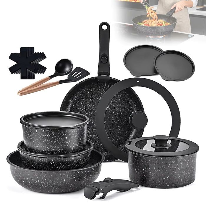 Batterie de Cuisine Antiadhésive 17 Pcs avec Poignées Amovibles Compatible Induction et Gaz pour Frire Préparer des Sauces Mijoter