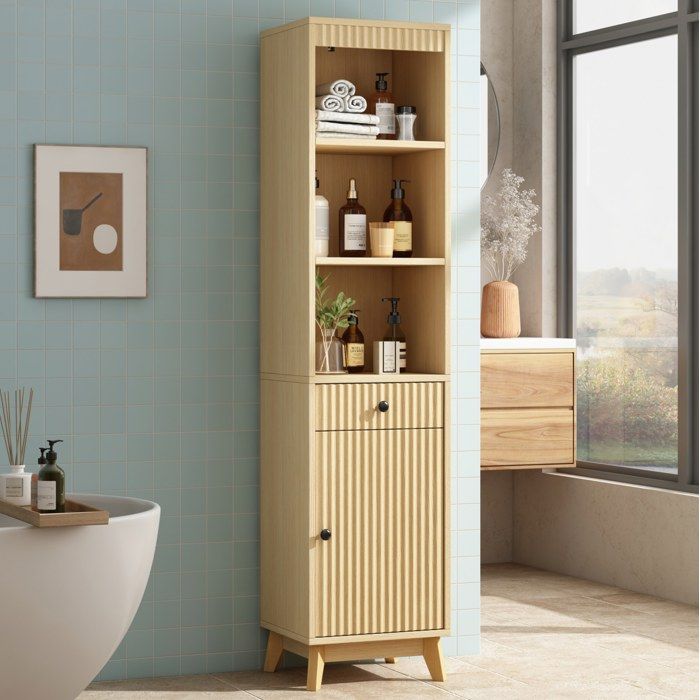 COVREO Colonne de salle de bain MDF 40 x 36 x 172 cm porte réversible 1 tiroir étagères ouvertes aspect bois naturel
