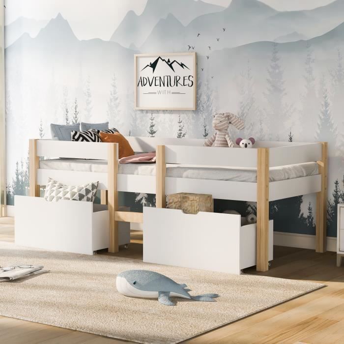 lit combiné enfant - alightup - bois de pin massif - blanc - avec deux tiroirs - 90 x 190 cm