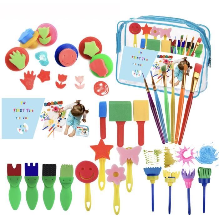 EVNEED Kit De 29 Pinceaux Éponges Pour Enfants - Outils Peinture DIY, Tablier Inclus, Apprentissage Créatif 2-6 Ans