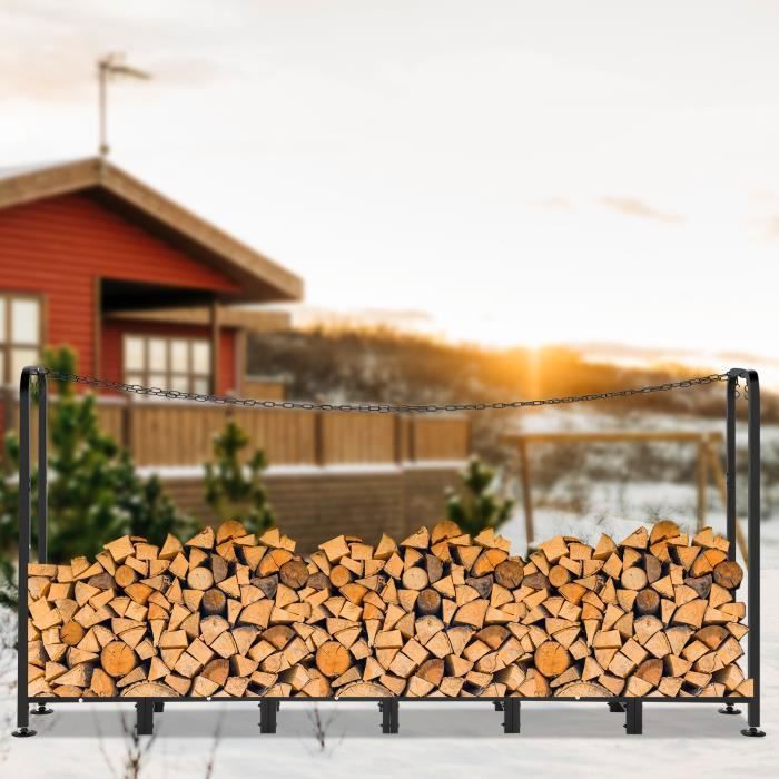 Etagère à bois de chauffage - Abri-bûches verrouillable noir - 2,4 m longueur réglable en métal robuste