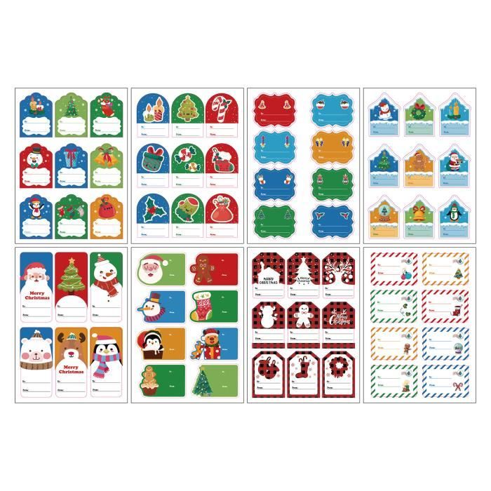 108 étiquettes Autocollantes De Noël - 12 Feuilles Avec Père Noël, Sapin, Bonhomme De Neige