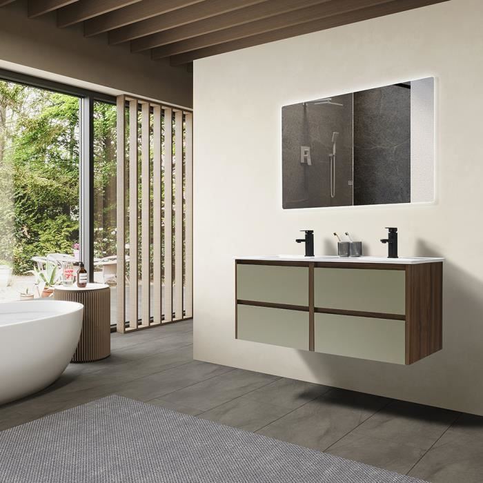 LuxuryBain - Meuble de salle de bain double vasque 120cm bois et vert avec miroir led