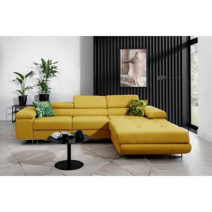 Canapé dangle convertible ARMEL en tissu luxe 5 places jaune moutarde avec coffre angle droit (vu de face)