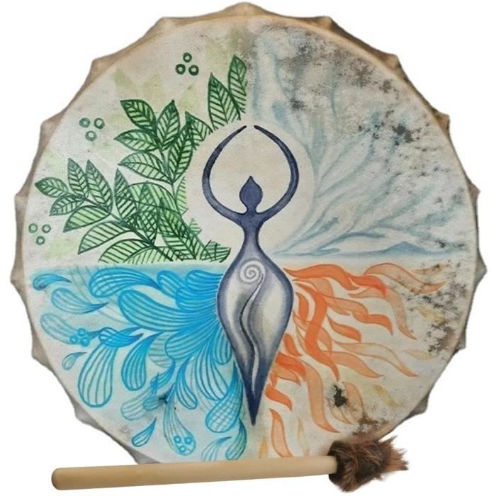 Tambour Chamanique Sibérien Fait Main – Tambour De Méditation En Bois Et Polyester Avec Baguette, Son Profond Et Authentique
