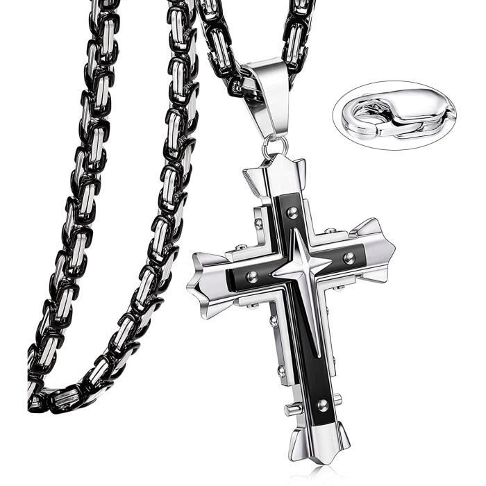 Collier Croix Chrétienne Homme Acier Inoxydable - Pendentif Croix Argent Avec Chaîne 60cm