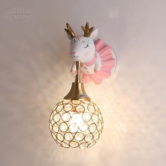 Applique murale enfants cristal - ACMHNC - Cerf en résine - Douille E27 - Rose