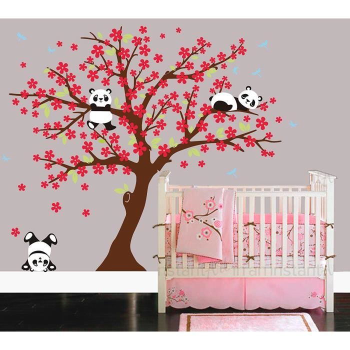 Blue Boys & Girls Chambre murale Sayala 3 Pandas Mignons Prune Rouge Fleur Stickers Muraux/Autocollant Arbre mural pour Décorer Chambres denfants Baby Garderie 