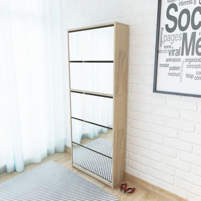 Meuble à chaussures - Chêne - 5 étagères et miroir - 63x17x169 5 cm