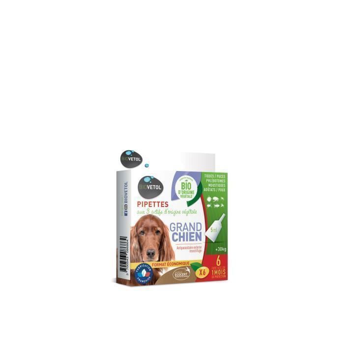 Meilleurs prix pour Pipettes Antiparasitaires Chien - Bio Certifié Ecocert - Anti-puces, Anti-Tiques - Grand chien (+30 kg) - 6 x 5 ML