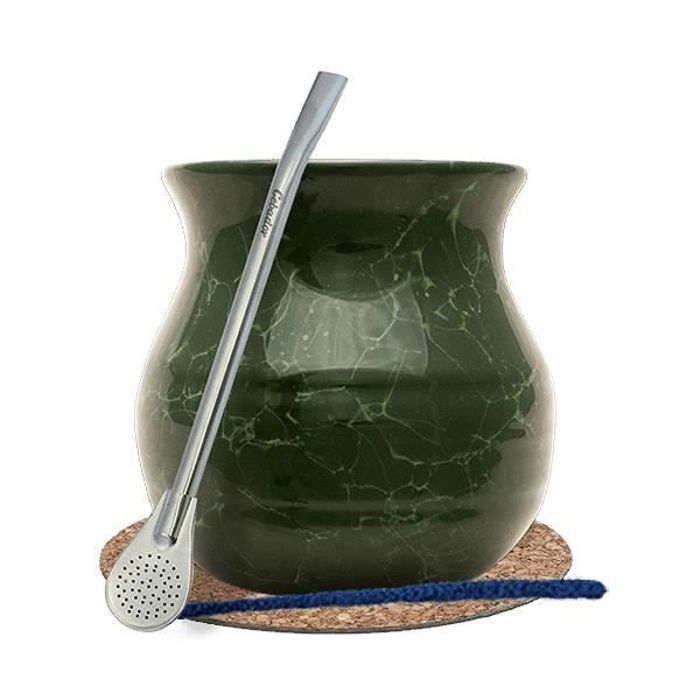 Calebasse Maté Vert Marble 375 ml et Bombilla Yerba Mate