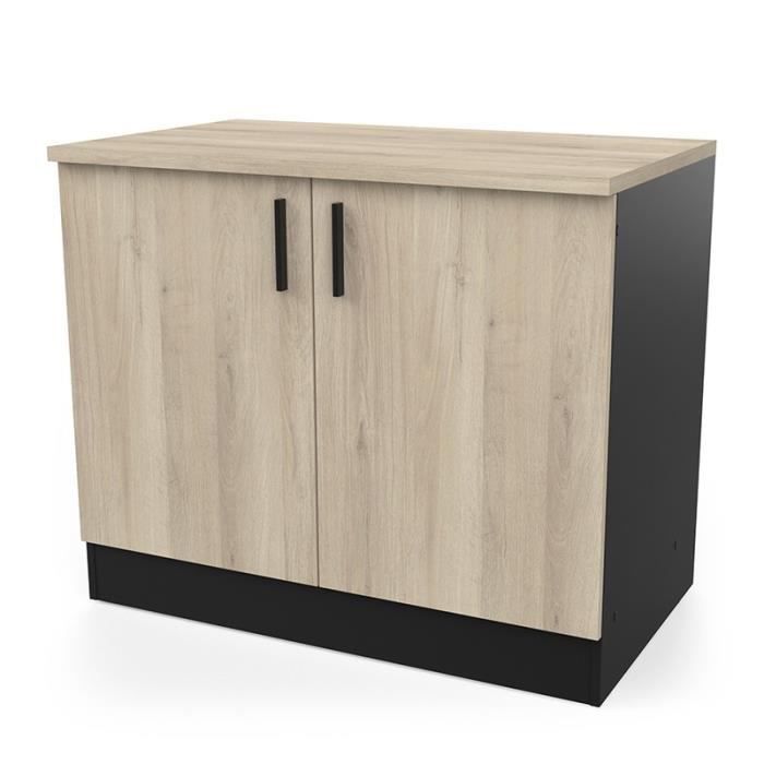 meuble bas 2 portes 100 cm origan noir et bois - naturel