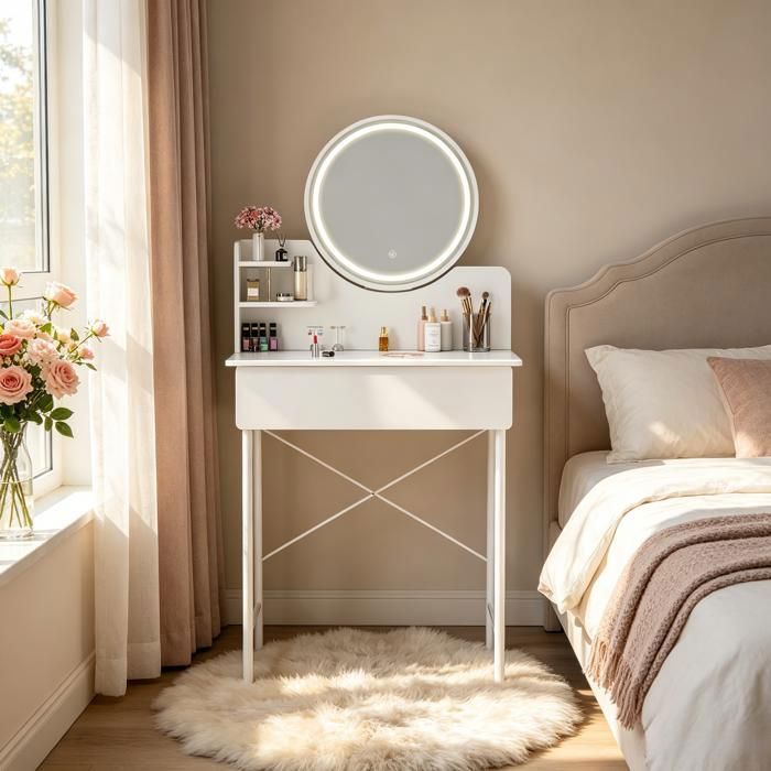 Coiffeuse Avec Miroir LED - Table De Maquillage Avec 10 Lumières, Tiroir Et Placard - Blanc, Dimensions 80x40x135 Cm Miroir Coiffeuse