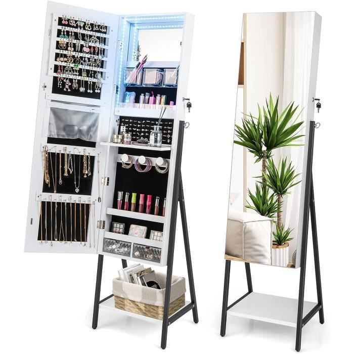 GOPLUS Armoire à Bijoux sur Pied avec Miroir sans Cadre avec Serrure Lumières LED 3 Couleurs Miroir Intérieur Cadre en Fer Blanc