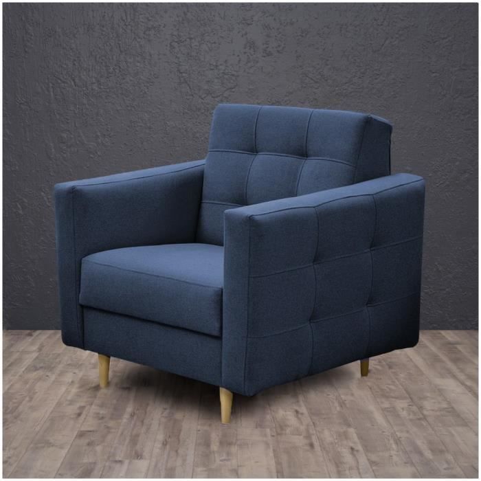 kasper - fauteuil style scandinave - tissu haute qualité - cadre + pieds en bois - 89x88x95 cm - bleu