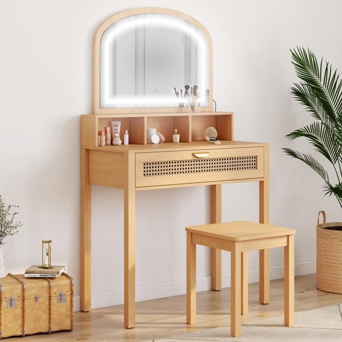 IDMARKET Coiffeuse EDHEN avec miroir LED 1 tiroir 3 niches et tabouret effet cannage naturel et bois IDMARKET Coiffeuse EDHEN avec miroir LED 1 tiroir 3 niches et tabouret effet cannage naturel et bois