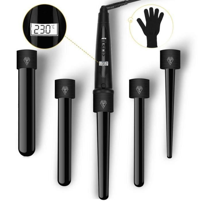 JASENX Fer &agrave; Boucler Curling Wand 5 en 1 avec LCD Ecran Boucleur Cheveux de 80-230&deg;C Fer &agrave; Friser en C&eacute;ramique avec Gant 