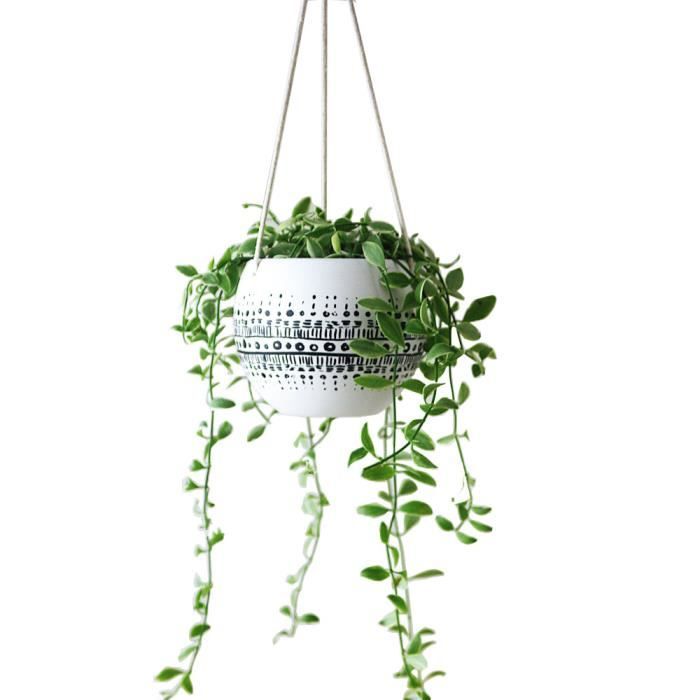 Jardinière Suspendue Céramique Blanche BELLE VOUS - 69cm Avec Corde Jute - Trou Drainage Amovible - Pour Intérieur/extérieur