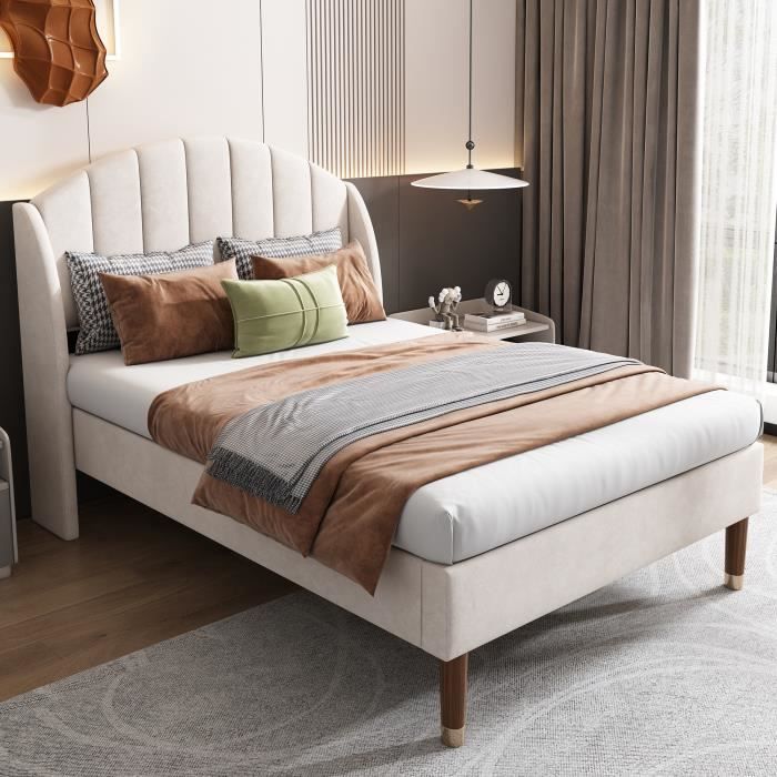 Lit capitonné simple 90 x 200 cm en velours beige Sommier à lattes en bois pour enfant Style élégant Lit capitonné simple 90 x 200 cm en velours beige Sommier à lattes en bois pour enfant Style élégant