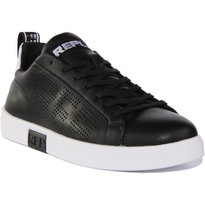 Replay Baskets Homme - REPLAY - Polaris Perf - Cuir perforé - Noir Blanc - Lacets