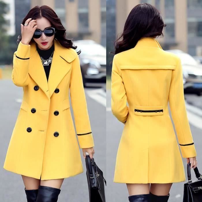 Funmoon Caban Femmes Les laine a double boutonnage manteau elegant travail a manches longues Veste bureau Mode Jaune