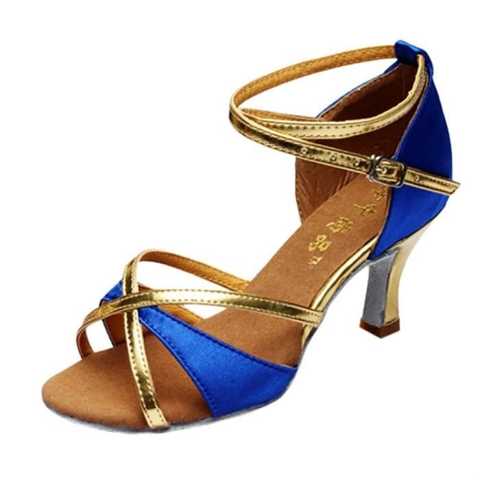lukcolor sandale - nu-pieds fille chaussures de danse latine med heels shoes satin party tango chaussures bleu