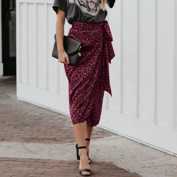 Jupe Mode femmes imprime leopard jupes elegantes jupes crayon ZANZEA ete portefeuille a lacets Jupe Midi Jupe OL Type Wine Red Blanc Cdiscount Pret a Porter