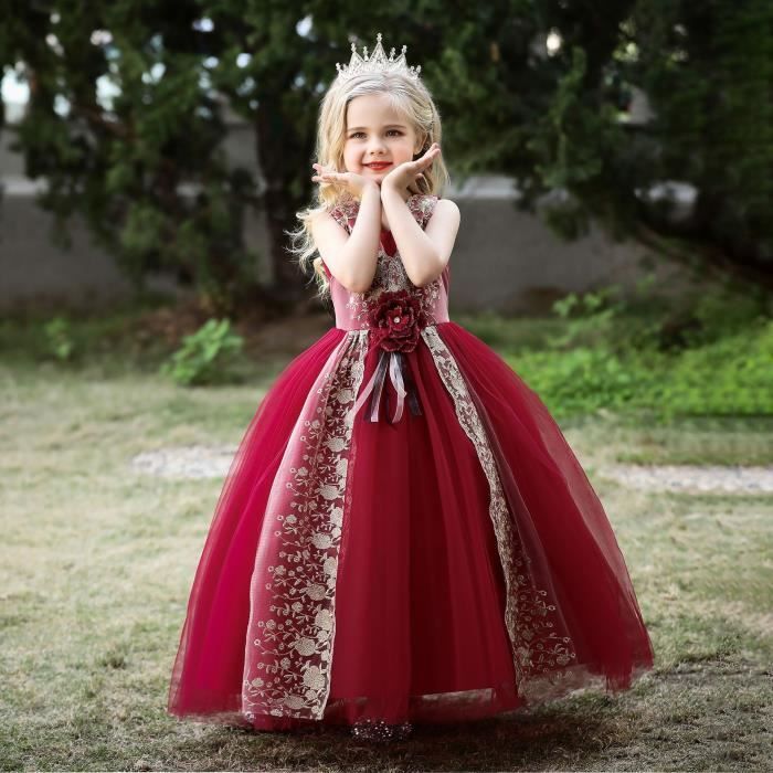 Robe de Soiree de Mariage Fille Longue en Tulle Sans Manches Col V Avec Ceinture Noeud Papillon Rouge Cdiscount Pret a Porter
