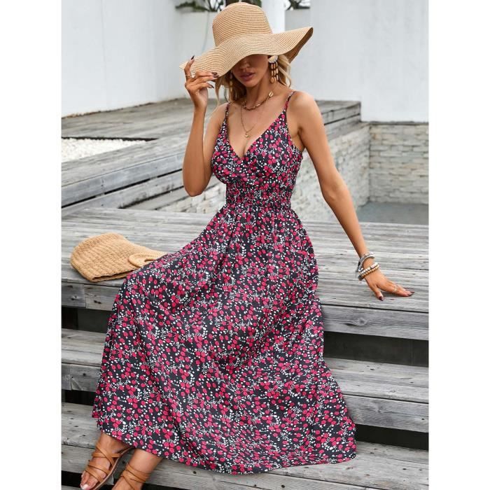 Robe d ete Mi Longue a Bretelles Floral Femme Rouge Polyester Fermeture eclair Rouge Cdiscount Pret a Porter