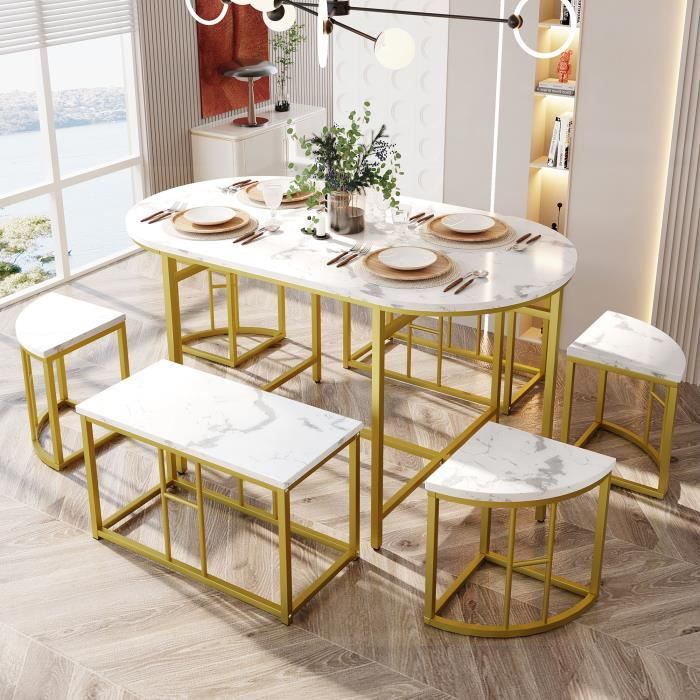 Ensemble table à manger - 1 plateau aspect marbre 6 tabourets - structure en fer plaqué or - moderne blanc et or 140*70*75 cm