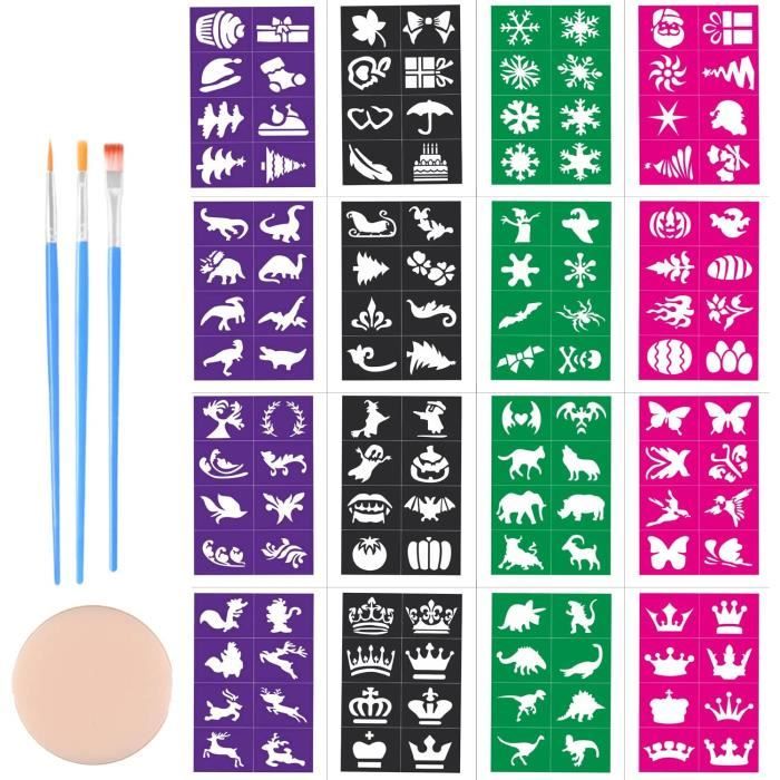 Lot De 16 Pochoirs Peinture Faciale Réutilisables - Motifs Animaux Et Fées - 20x12cm
