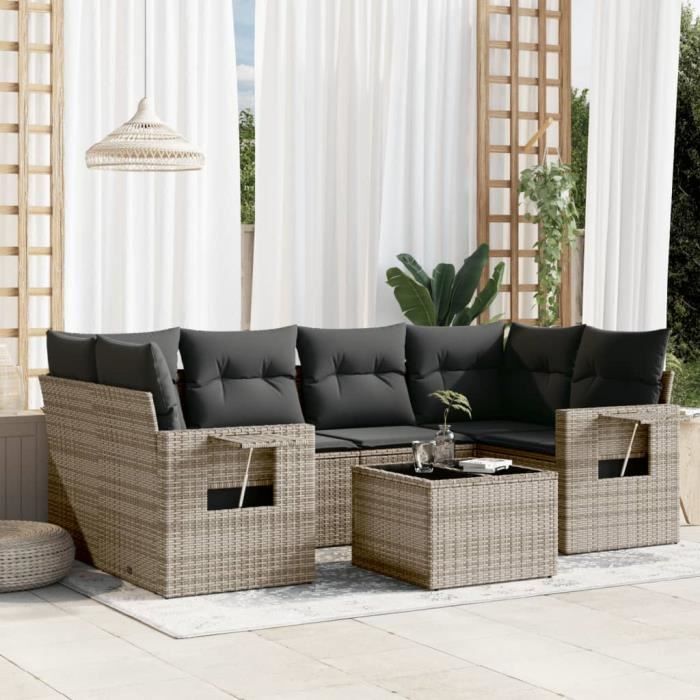 Salon de jardin - VIDAXL - 7 pcs - Résine tressée - Coussins épais - Style contemporain