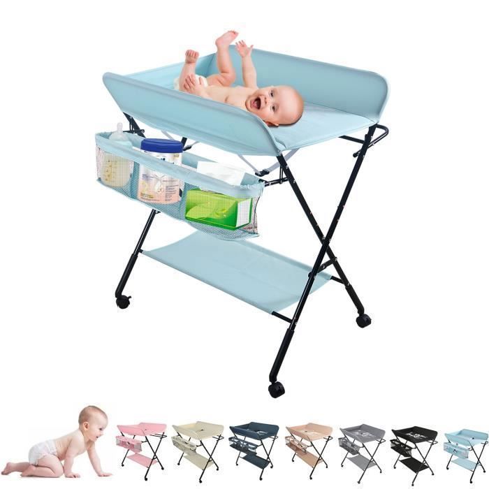 Bleu Table à Langer mobile avec roulettes Willonin® Plan à Langer Pliable pour bébé 0-2 ans Étagère de range et Hauteur réglable