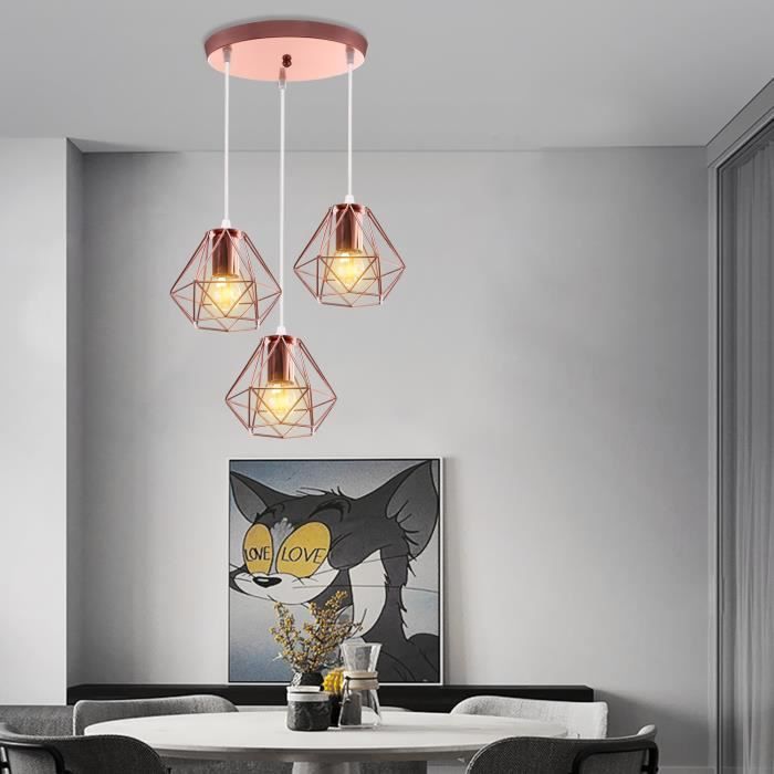 UNI Pendentif Luminaire Cage Diamant en Métal 3 Têtes Fer Plafonnier Lustre Suspension Salle à Manger Chambre Doré Rose