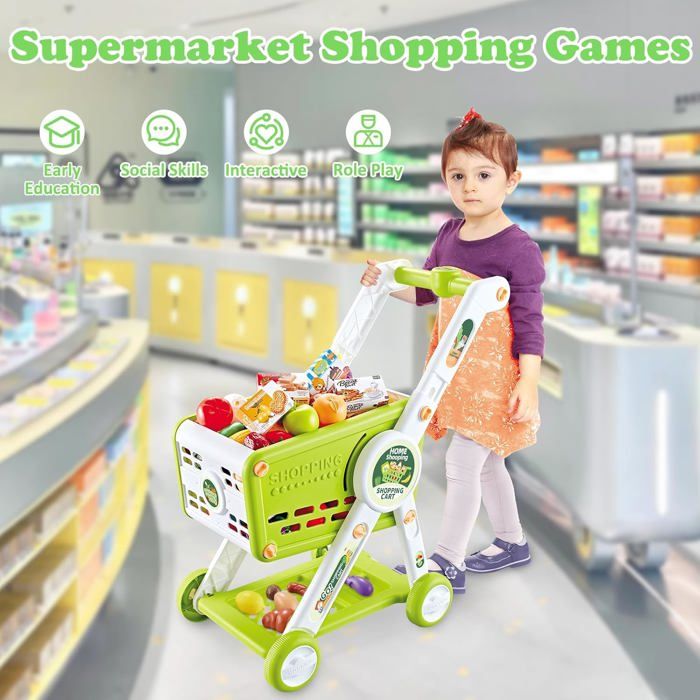 ZLight Chariot de Courses de Supermarché Jouets pour Enfants Chariot d' Épicerie Éducatif Jeu de Rôle Expérience de Magasinage de Simulation Rangement Amusant Vert 46.5x26x51cm