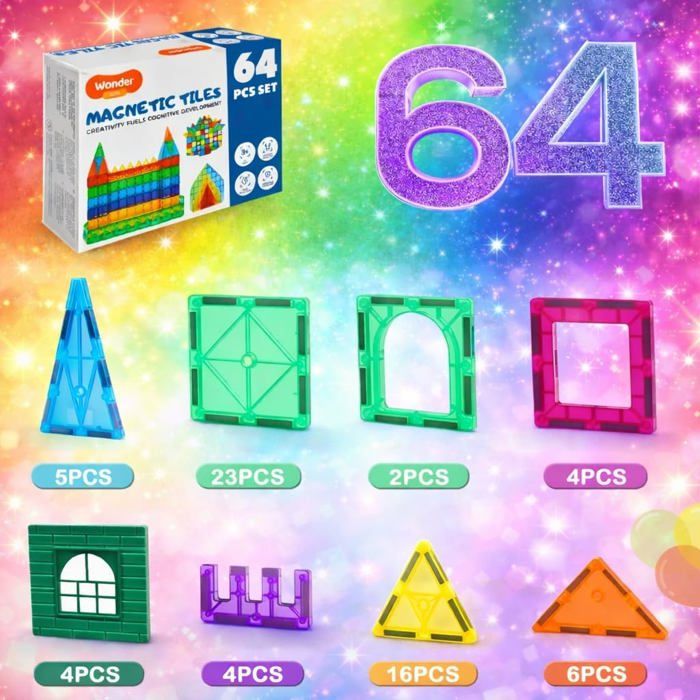 Euakee Construction Magnétique 64 Pièces - Blocs Magnétiques 1 Pouce, Jeu Créatif Montessori Pour Enfants 3-8 Ans, Livret D'Instructions