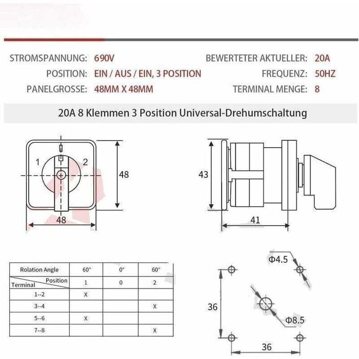 Universel came rotatif 20 A 3 positions 8 bornes 690 V Commutateur de ...