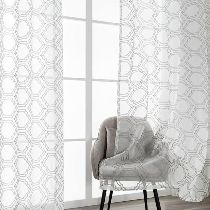 Rideaux Voilage Transparent – Lot De 2 – 140x225 Cm – Motif Floral Jacquard Bleu – Pour Salon/chambre – Polyester
