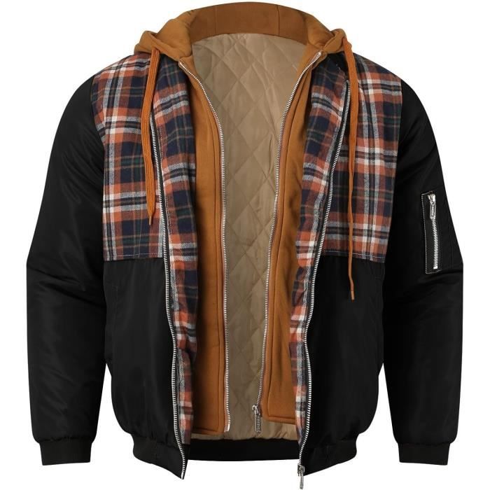 Blouson Homme Hiver Carreaux a Capuche Decontracte Zippe Noir Noir Cdiscount Pret a Porter
