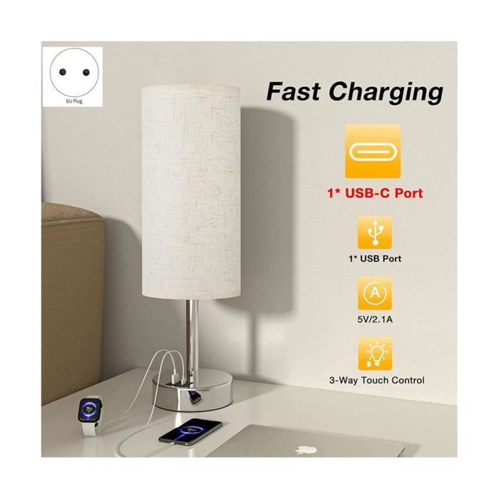 Lampe de Chevet Tactile avec Ports de Charge USB-A+C,Luminosité  réglable,Abat-jour en Tissu de Lin,Lampe Table pour Chambrer Salon -  Cdiscount Maison