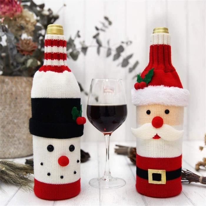 Lot De 4 Housses De Bouteille De Vin De Noël Avec Pull Tricoté Et Chapeau - Décoration Festive Pour Table