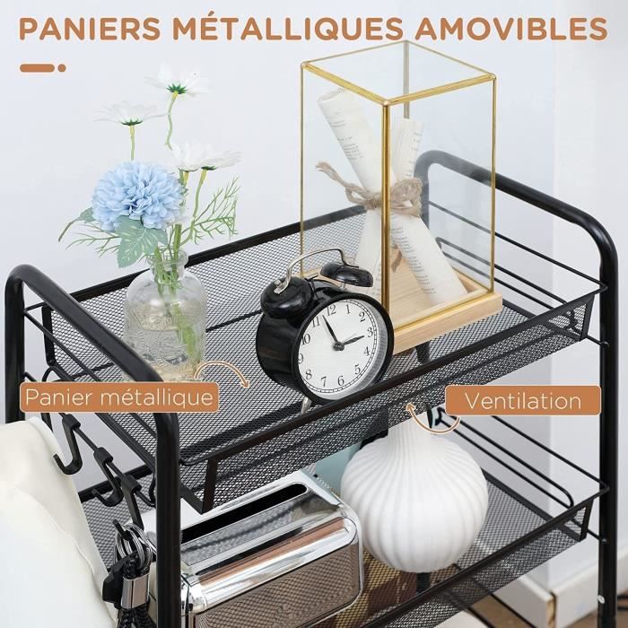 Chariot De Cuisine 3 Niveaux Ovicar – Métal Noir Avec Roues Et Crochets, Rangement Salle De Bain Ou Garage
