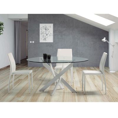 Table à Manger Ronde En Verre Moderne 80 Cm – Pieds Acier Inoxydable Argenté, Design Élégant Et Lumineux Pour Cuisine/Salon