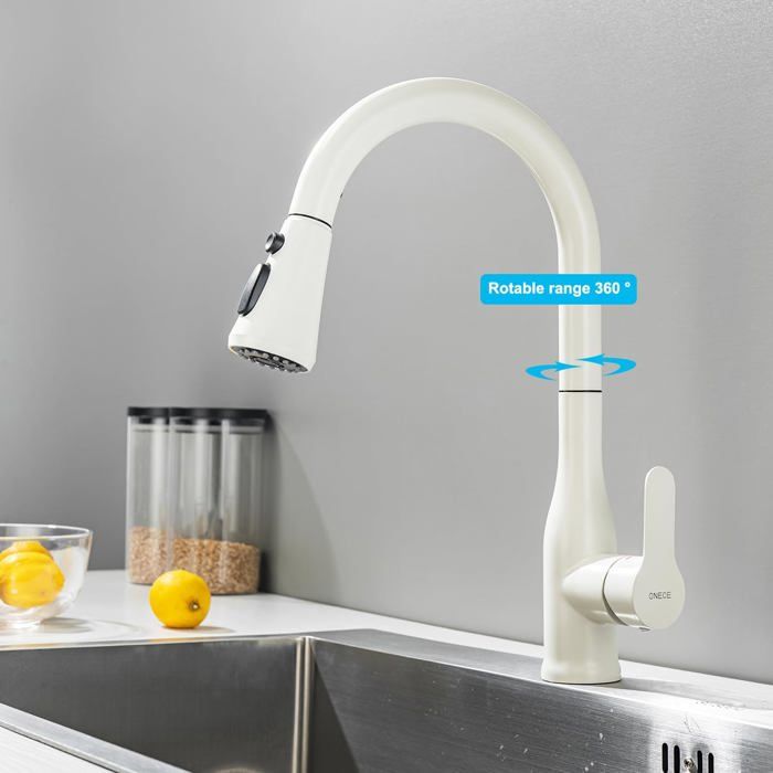Robinet De Cuisine 3 Voies XJTNLB - Eau Chaude/froide + Eau Filtrée - Bec Extractible 2 Modes - Laiton Blanc