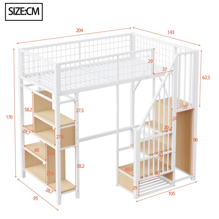 Lit mezzanine 90 x 200 cm avec échelle de sécurité et espace de Lit mezzanine 90 x 200 cm avec échelle de sécurité et espace de