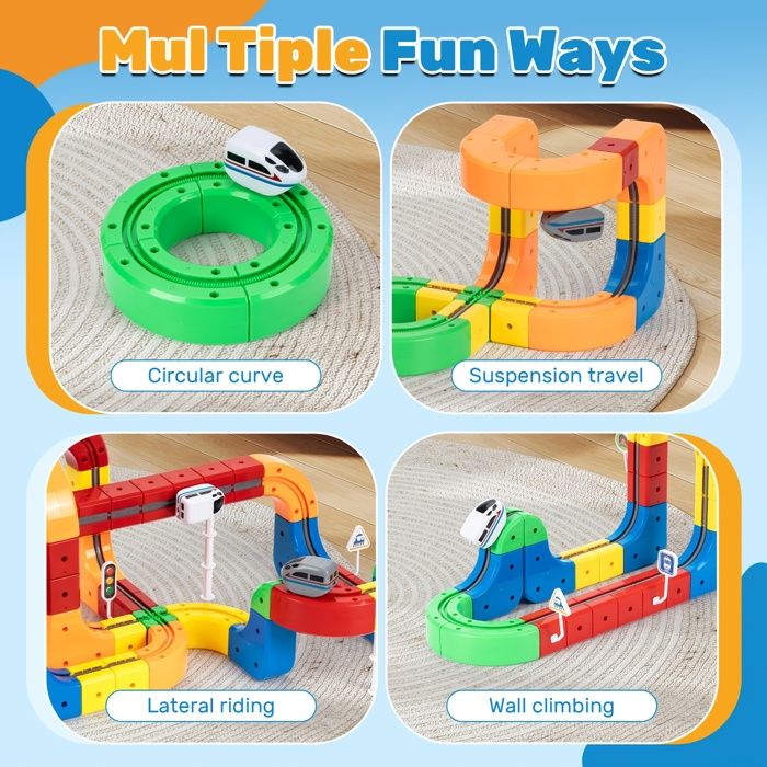 Clickrail Kit de train électrique flexible – Cube Track Block Train avec dispositions 3D défendant la gravité, blocs de rail d'engrenage et train