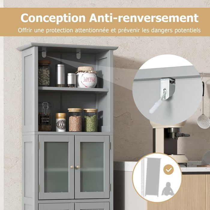Armoire Salle De Bain Haute 180 Cm - 2 Portes, 1 Tiroir, 5 étagères Réglables, Blanc, Pour Petits Espaces - 5