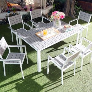 Ensemble table et chaise de jardin SIDERNO - Salon de jardin en aluminium et polywood gris - blanc - 6 personnes