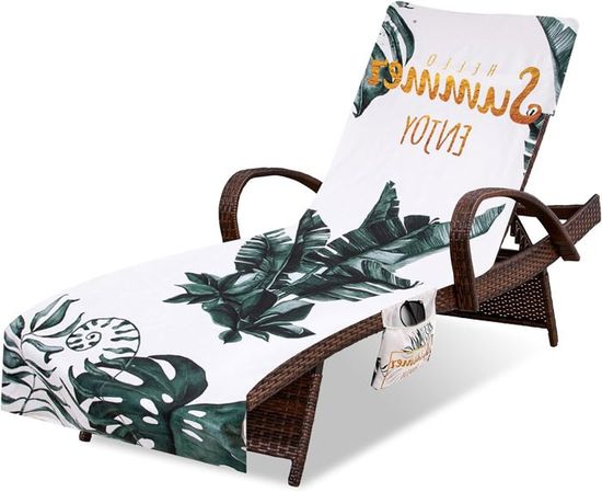 Housse De Chaise Longue Plage Piscine - Microfibre Séchage Rapide - 210x73 Cm - Poches Latérales - Lavable Machine
