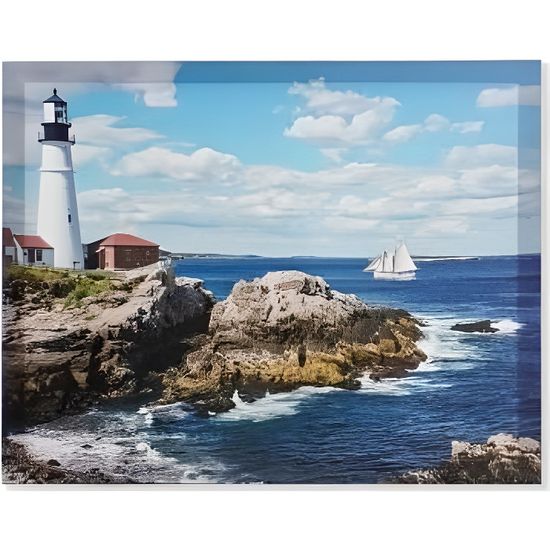 Tableau D'angle Sur Toile - Phare - Cadre En Bois - Italie - Dimensions 42x24x31 Cm - Neuf